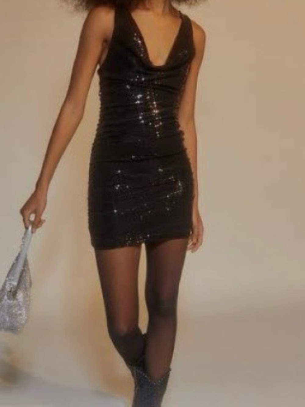 NEW Urban Outfitters Black Sequin Cowl Neckline Mini Dress